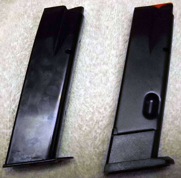 two magazines, left: CZ 75B 9mm, right: Kadet II .22 LR